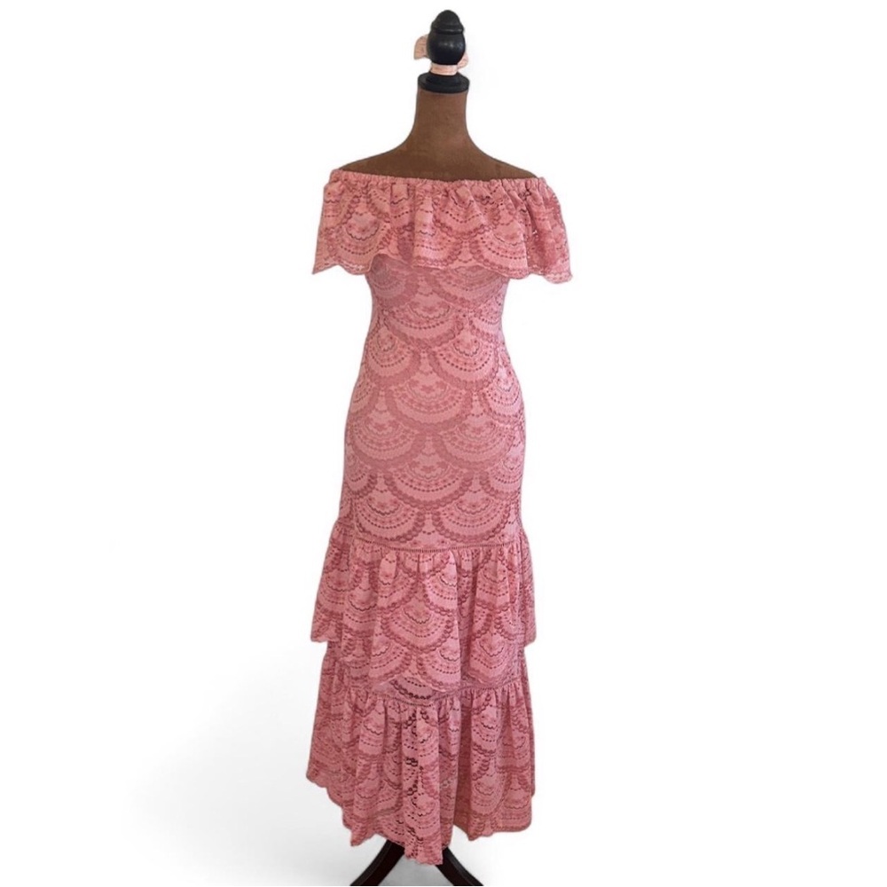 Elegant Pink Lace Off Shoulder Dress Small Gianni Bini Tiered Boho Maxi Mermaid